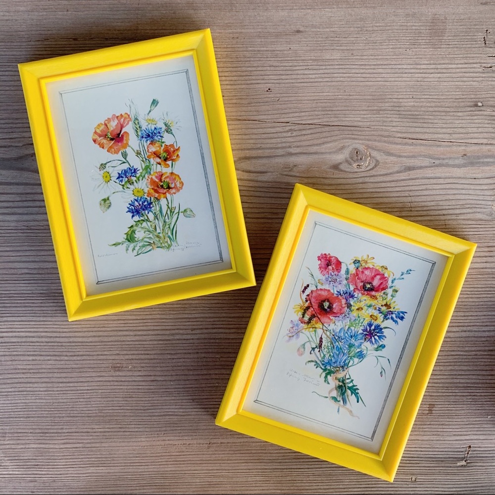 Botanical Prints in Yellow Plastic Frames